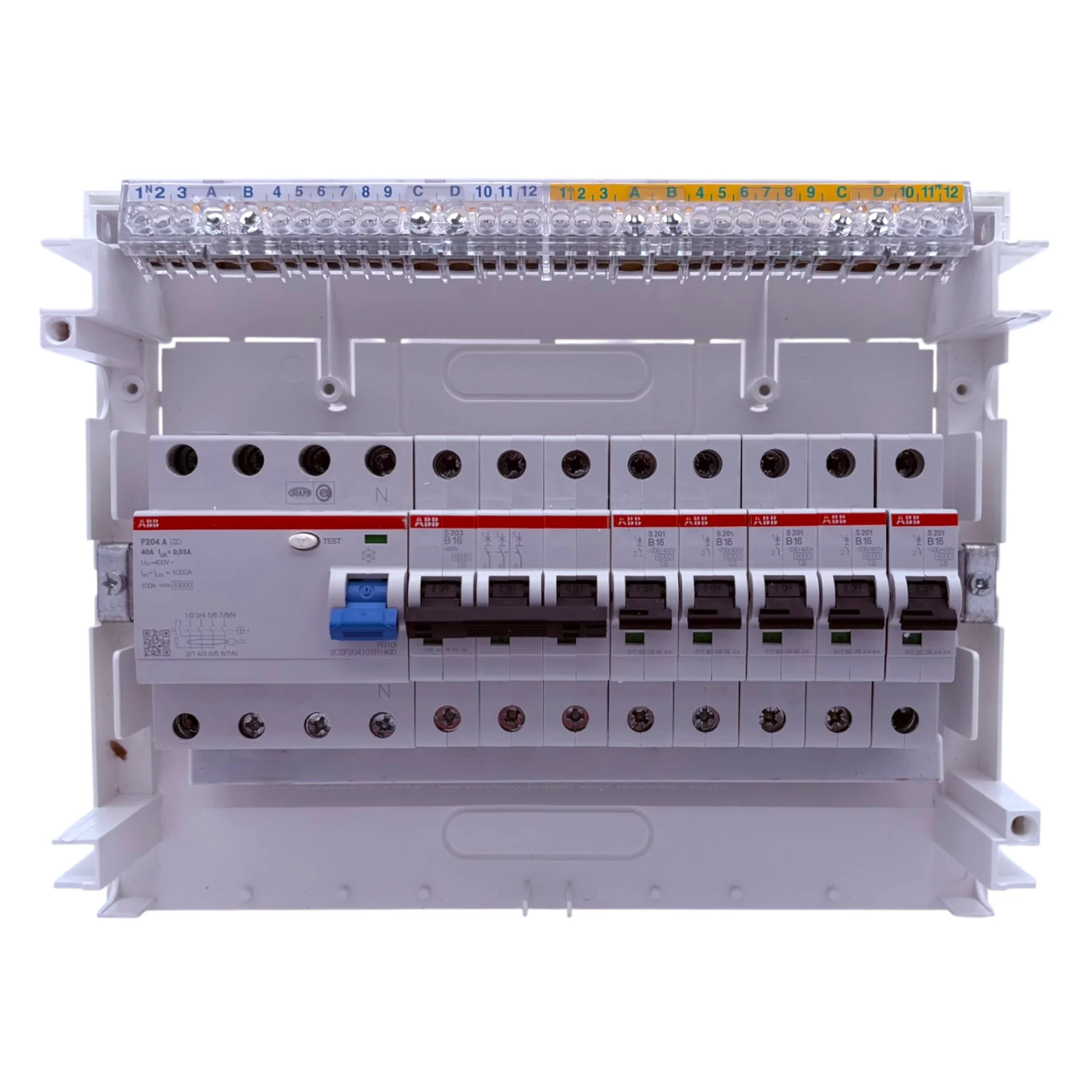 Aufputzverteiler bestückt - ABB FI 40mA + ABB B16 / C16 (unverdrahtet) - inkl. Phasenschiene & N/PE-Klemme - Image 6