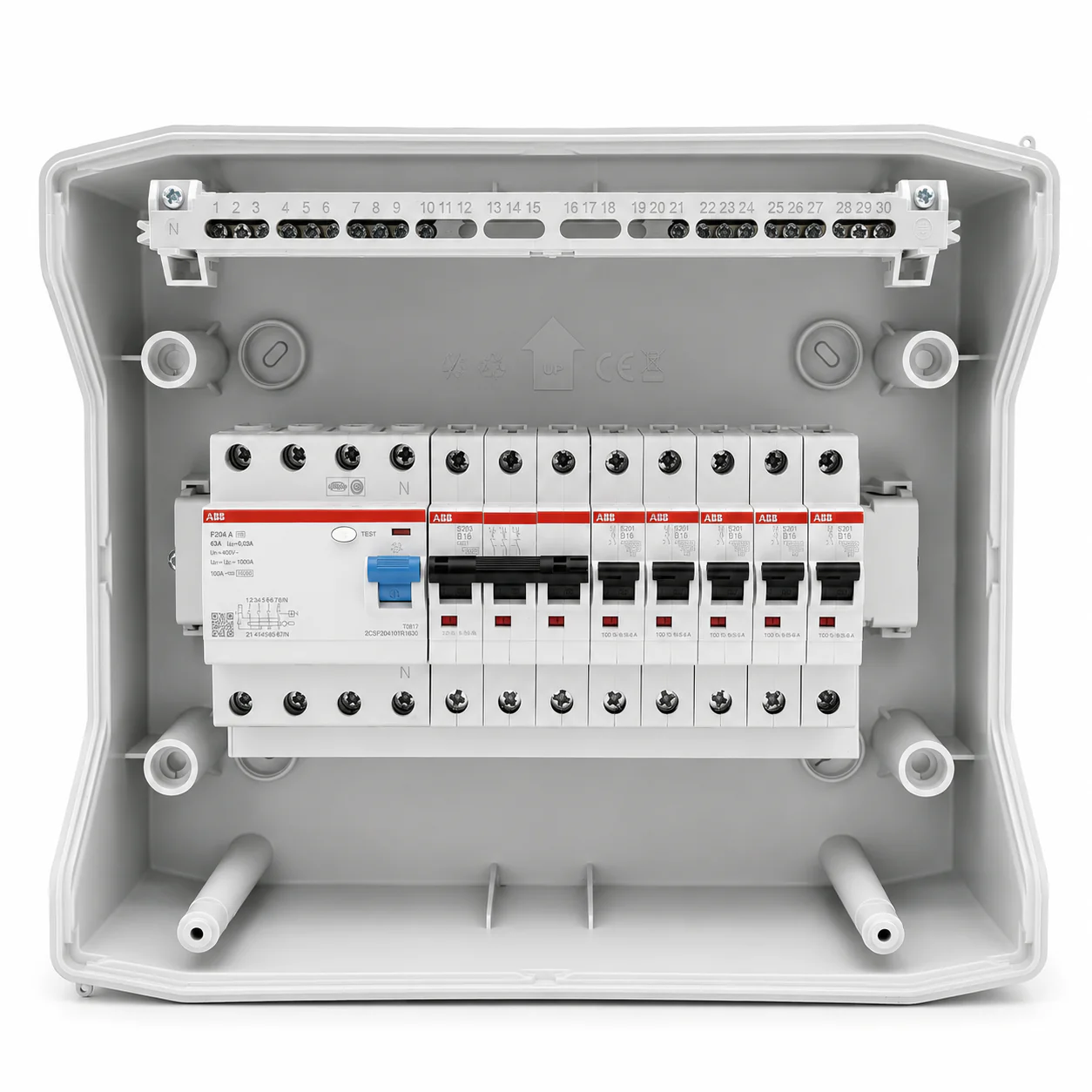 Aufputzverteiler IP65 bestückt - ABB FI + ABB B16 / C16 - inkl. Phasenschiene & N/PE-Klemme - Image 3
