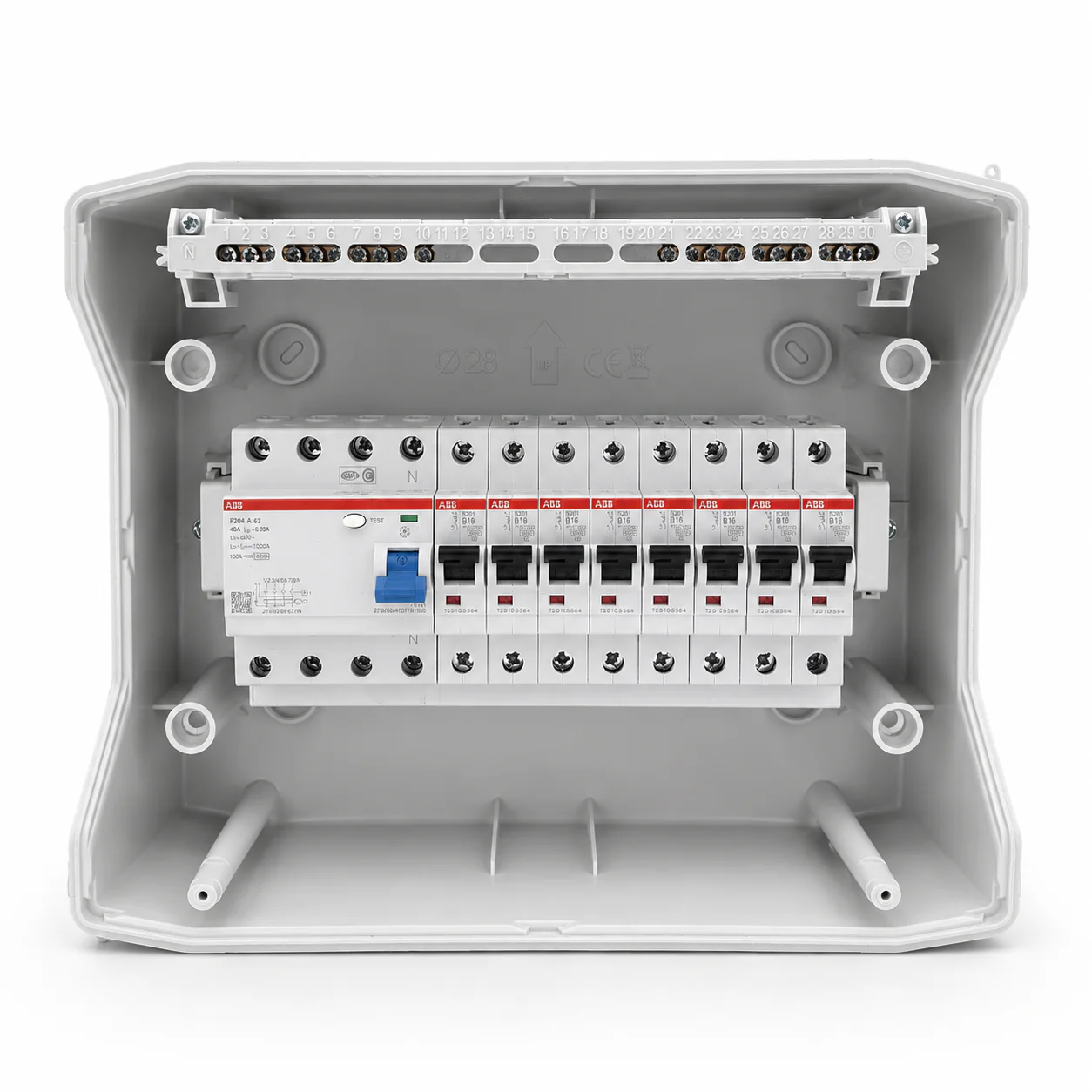 Aufputzverteiler IP65 bestückt - ABB FI + ABB B16 / C16 - inkl. Phasenschiene & N/PE-Klemme - Image 5