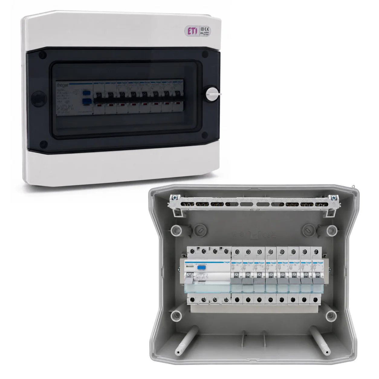Aufputzverteiler IP65 bestückt - Hager FI + Hager B16 - inkl. Phasenschiene & N/PE-Klemme