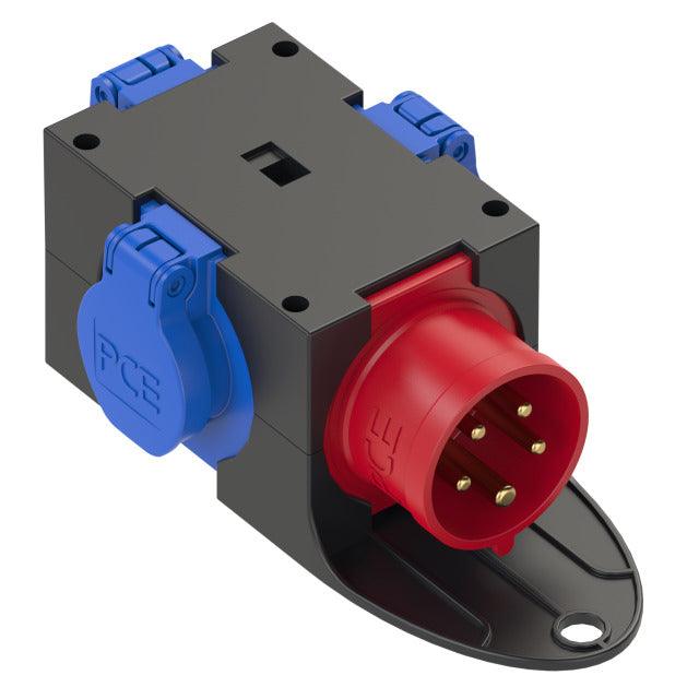 PCE 9430412 CEE-Kompakt-Verteiler, IP44, mit Bügel, CEE-Stecker 16A, 400V, 5-pol, 3x Schukodosen (ungesichert)
