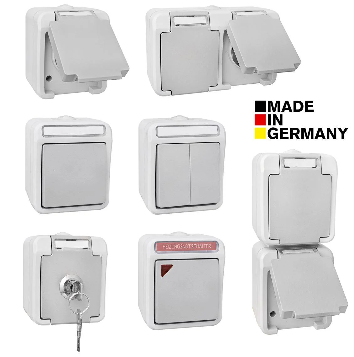 PERANOVA - Aufputz Schalterprogramm IP54 | Schalter Steckdosen Taster | Farbe grau