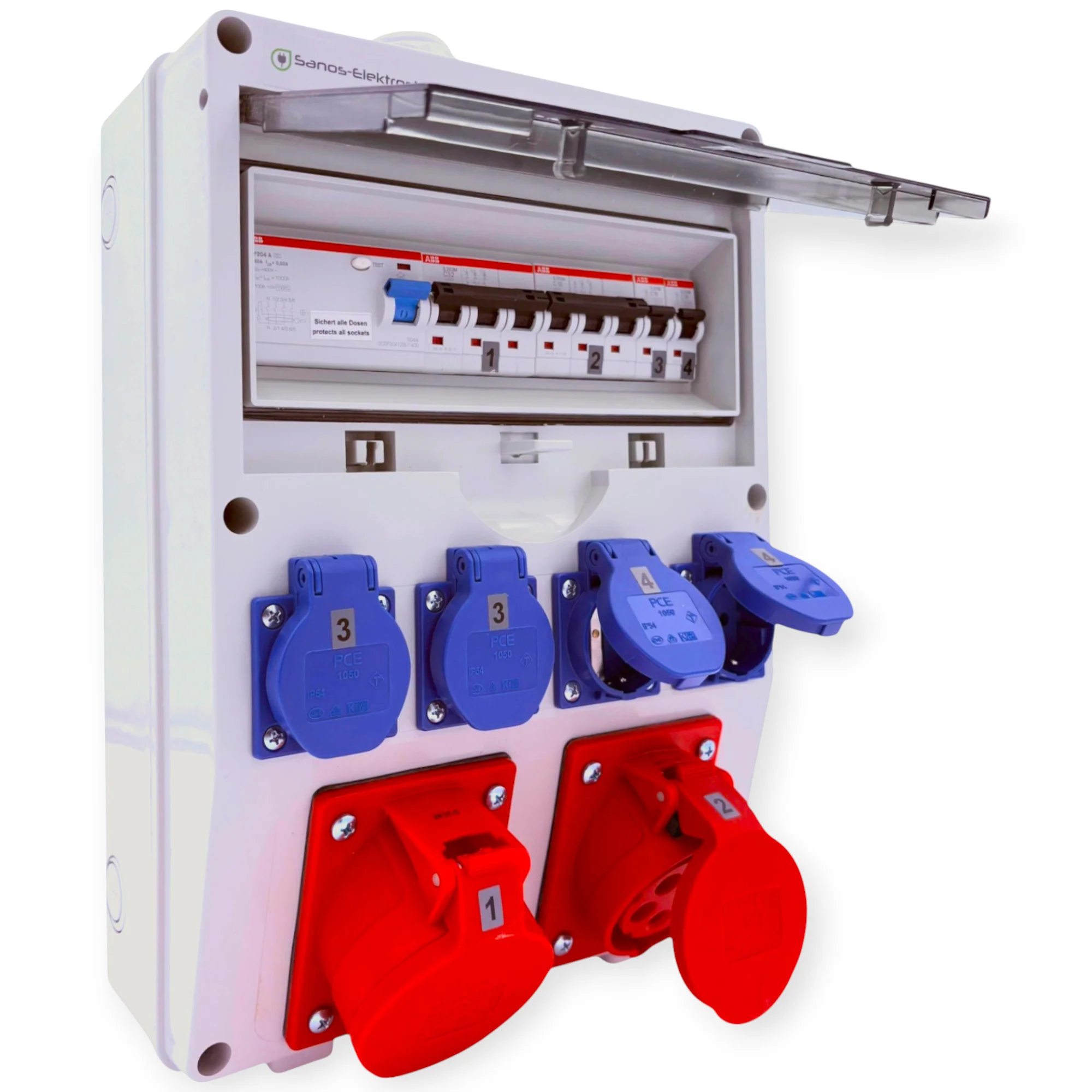 SANOS Wandverteiler ABB/PCE - 2x CEE 16A und 4x Schukodosen mit FI | paarweise gesichert | SAN002