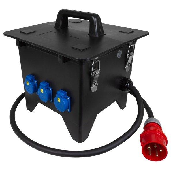 Vollgummi-Verteiler-Groß mit 32A-Zuleitung, 1x CEE 32A 2x CEE 16A und 3x Schuko-Dosen